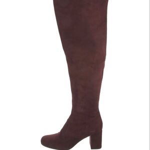 Saint Laurent Over-the-Knee Block Heel Boots in Burgundy Suede